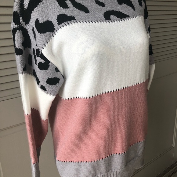 SALE 🔥 Color Block Leopard Boat Neck Sweater – Grey, White & Pink – NWOT - Picture 4 of 11